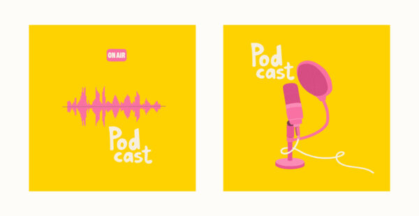 Podcast covers. Stand-type studio microphone with pop filter and cord. Pink soundtrack on a yellow background. Hand drawing illustration for blogging. EPS 10